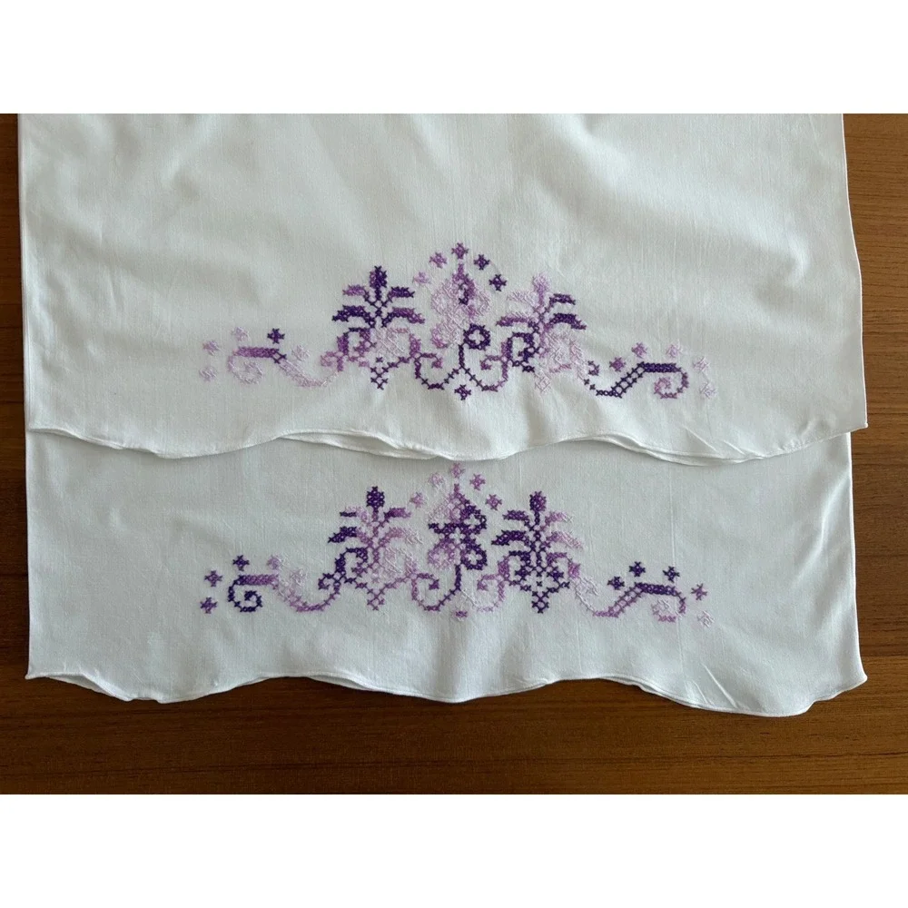 Embroidered Vintage Cotton Standard Pillowcase Set Floral Cross Stitch